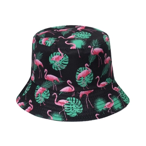 Women's sun protection bucket hat with pink flamingo and tropical leaf floral print