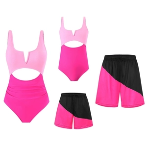 Matching pink family swimwear set with two one-piece suits and two board shorts for beach trips