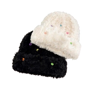 Winter plush knitted hat and scarf set with colorful buttons in black and white colors