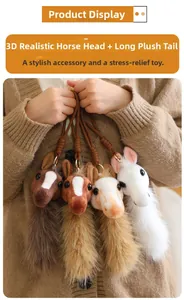 Detail of plush horse head keychains with long faux fur tails in four natural colors