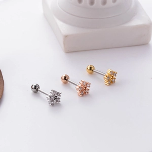 Three-color screw back flower earrings in silver, gold and rose gold with zircon stones