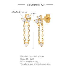 Detail of 18K gold tassels on 925 sterling silver earrings with AAAAA zirconia and dimensions