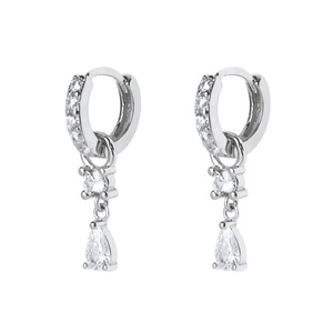 S925 silver needle drop earrings with round and teardrop-shaped sparkling crystals
