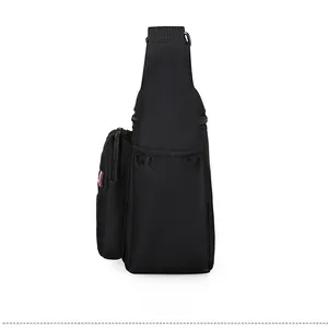 Side view of multi-compartment black nylon crossbody bag with iconic tricolor webbing detail
