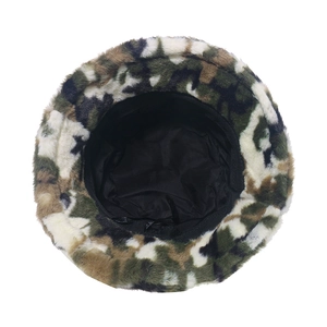 Winter faux fur camouflage bucket hat with plush texture and adjustable inner lining