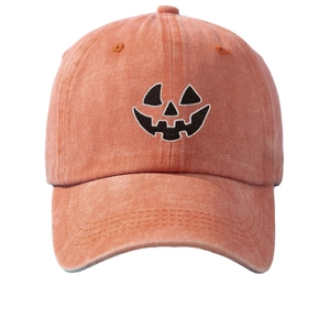 Casquette de baseball en coton délavé orange avec broderie citrouille d'Halloween