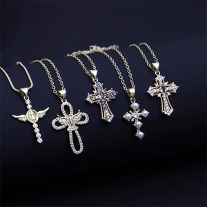Retro Gold Plated Copper Cross Pendant Necklace With Micro Inlaid Zircon Artificial Pearl Angel Wings Religious Jewelry For Women Men