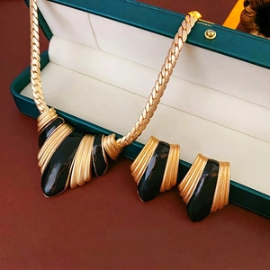 French vintage gold and black enamel necklace with matching fan earrings jewelry set