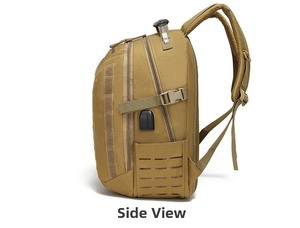 Tactical backpack side view with external USB charging port and laser-cut MOLLE system