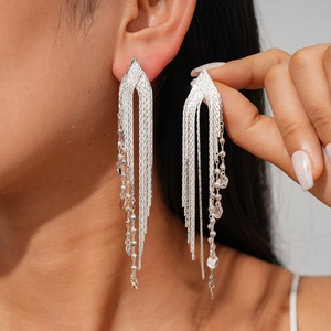 Long silver tassel earrings with 18k gold plating and metallic woven mesh for women