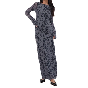 Slim fit long sleeve maxi dress in dark grey with vintage black floral vine patterns