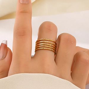 Multi-Layer Hammered Stainless Steel Adjustable Open Ring For Women 18K Gold Plated Geometric Minimalist Punk Jewelry