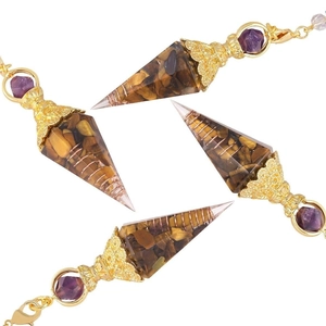 Tigerauge Kristall Pendel mit Kupferspule und Amethystperle an goldener Kette