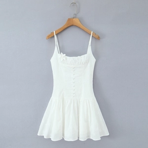 Women's French Sweet Sexy Slim Waist Embroidered Flower Button Down Camisole Mini Dress White Sleeveless Hollow Out Dress