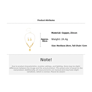 Detailed size specifications for the gold teardrop zircon necklace and earring jewelry set