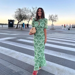 Women Fan Print Puff Sleeve Maxi Dress Backless Lace Up Hollow Out Elegant Slim Fit Polyester Chiffon Style