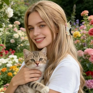 Pince à cheveux chat noir et blanc en acétate portée par une femme dans une roseraie