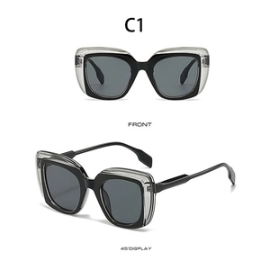Detailansicht der quadratischen Sonnenbrille mit doppellagigem Rahmen in Schwarz und Klar