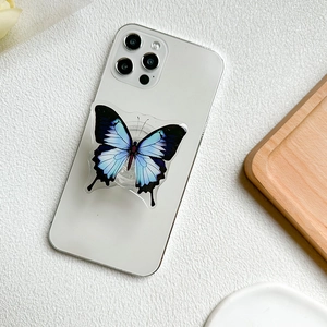 Blue gradient butterfly phone grip holder on white smartphone, minimalist style