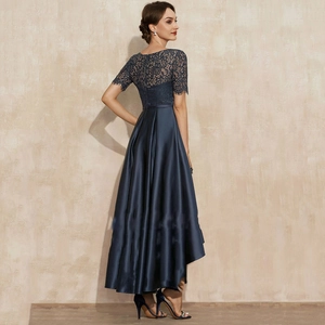 Elegant navy satin evening gown featuring lace bodice and high-low fishtail hemline