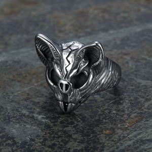 Gothic bat skull ring in vintage silver finish, punk style stainless steel jewelry