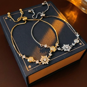 Snowflake Adjustable Bracelet Copper Zircon Elegant Flower Motif Slider Clasp Fashion Jewelry For Women