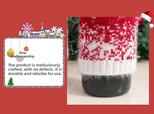 Close-up of a festive knitted Christmas wine bottle cover with red and white snowflake patterns