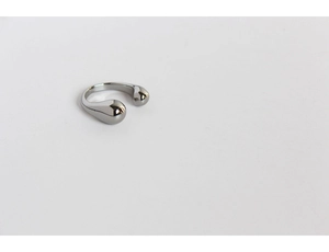 Detailed view of silver minimalist open ring with smooth water drop shaped ends