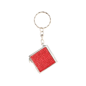 Elegant 2-in-1 red rhinestone mini makeup mirror keychain with silver metal finish