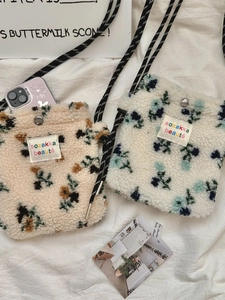 Floral Plush Crossbody Bag Sherpa Fleece Mini Cell Phone Shoulder Pouch With Rope Strap Casual Fashion For Women