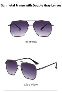 Front and side view of gunmetal double-bridge sunglasses with gradient grey lenses