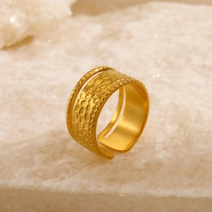Vintage hammered texture gold open ring with beaded edges and minimalist wide band