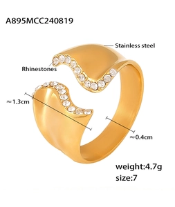 Detail view of 18k gold stainless steel irregular ring with inset rhinestones and dimensions