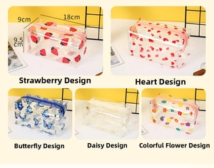 Detail showing five floral and strawberry prints on waterproof PVC cosmetic bags