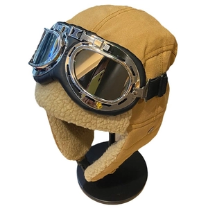 Winter pilot hat with windproof goggles and warm fleece earflaps in khaki yellow