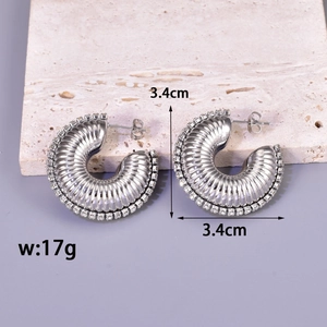 Silver hollow C-shaped stainless steel earrings with sparkling rhinestones and ribbed design