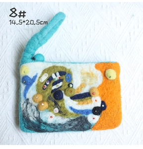 Detail of wool felt clutch showing colorful abstract patterns and beadwork embroidery