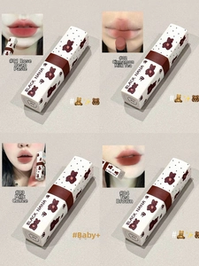Detailed swatches of four matte velvet teddy bear lipsticks in various nude brown shades