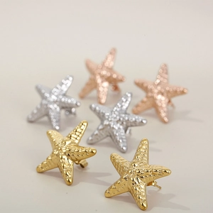 Detailed view of hollow starfish stud earrings in gold, silver and rose gold finishes