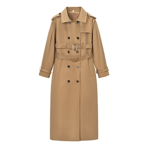 Women Long Trench Coat Double Breasted Khaki Polyester Elegant Lapel Windbreaker With Dual Waist Belts