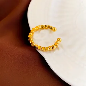 Minimalist C-shaped open geometric gold plated ring with square bead chain design