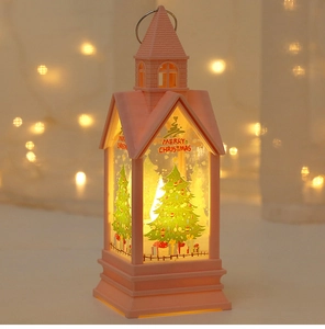 Pink Christmas lantern with glowing LED tree design and decorative top hanging ring