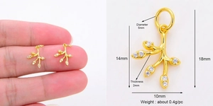 Dimensions et poids détaillés pour pendentifs branche dorée avec zircone cubique