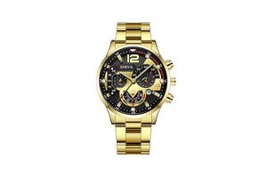 Detailed front view of golden Geneva men's sports watch with black multi-dial and metal band