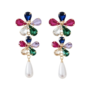 Boucles d'oreilles vintage dorées 18k avec fleurs en cristal coloré et perles