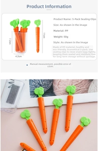 Five carrot-shaped food sealing clips with a clear storage box and PP material dimensions