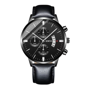 Close-up of Geneva business watch featuring black leather strap and luminous date dial