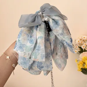 Blue floral ribbon bow hair claw clip with crystal pearls for women's high ponytail