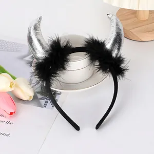 Silver devil horns headband with black feathers for Halloween party cosplay costumes