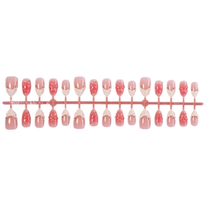 Short almond pink press-on nails with 3D embossed flowers and pearl accents